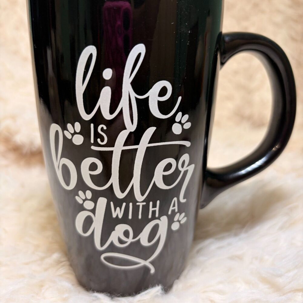 Life is Better with a Dog Ceramic Travel Mug Black Coffee Cup with Lid Paw Print
